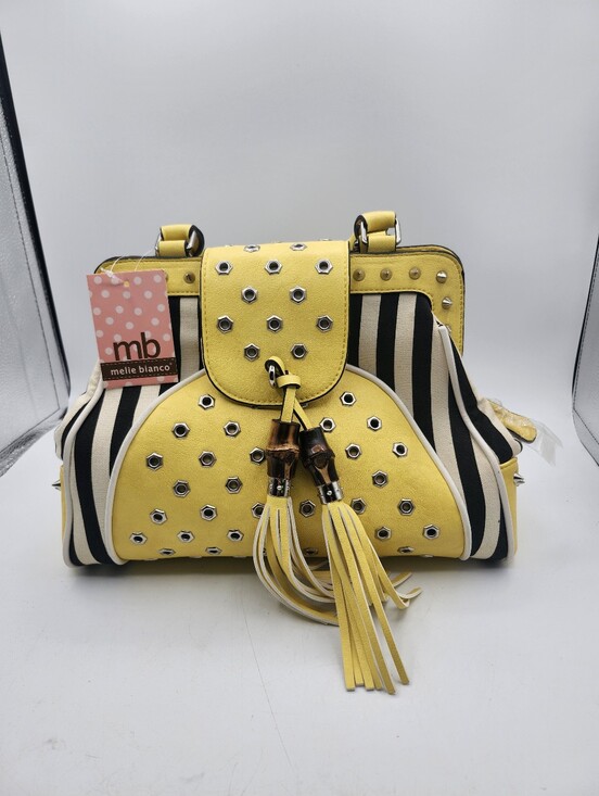 Melie Bianco Handbags - Melie Biiano Yellow Black White Striped Studded Satchel Tassels Luxury Vegan